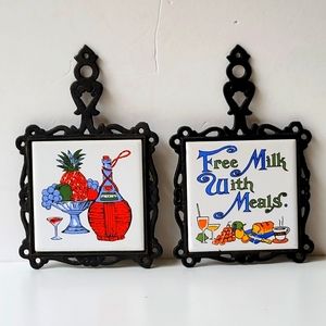 Set of 2 Cast Iron and Ceramic Tile Trivets Vintage